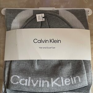 Calvin Klein Light Gray Hat and Scarf Set